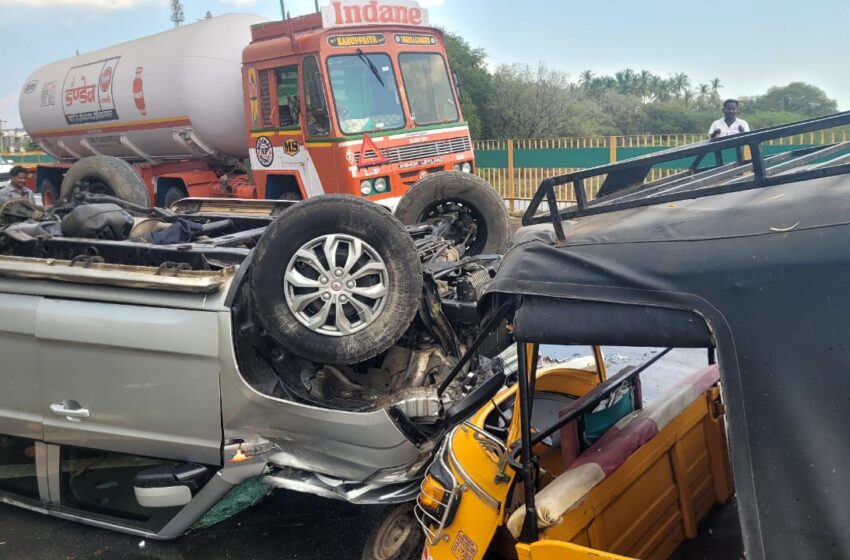  சினிமா காட்சிகளை மிஞ்சும் வகையில் பல்டி அடித்து ஆட்டோ மீது மோதிய கார்; 2 பேர் காயம்