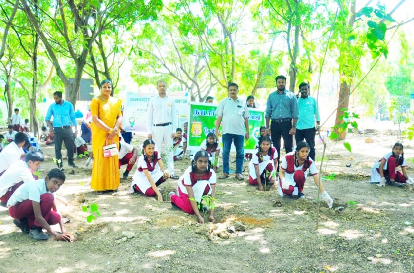  கோவில்பட்டி ரெயில் நிலைய வளாகத்தில் மரக்கன்று நட்டிய மாணவ, மாணவிகள்